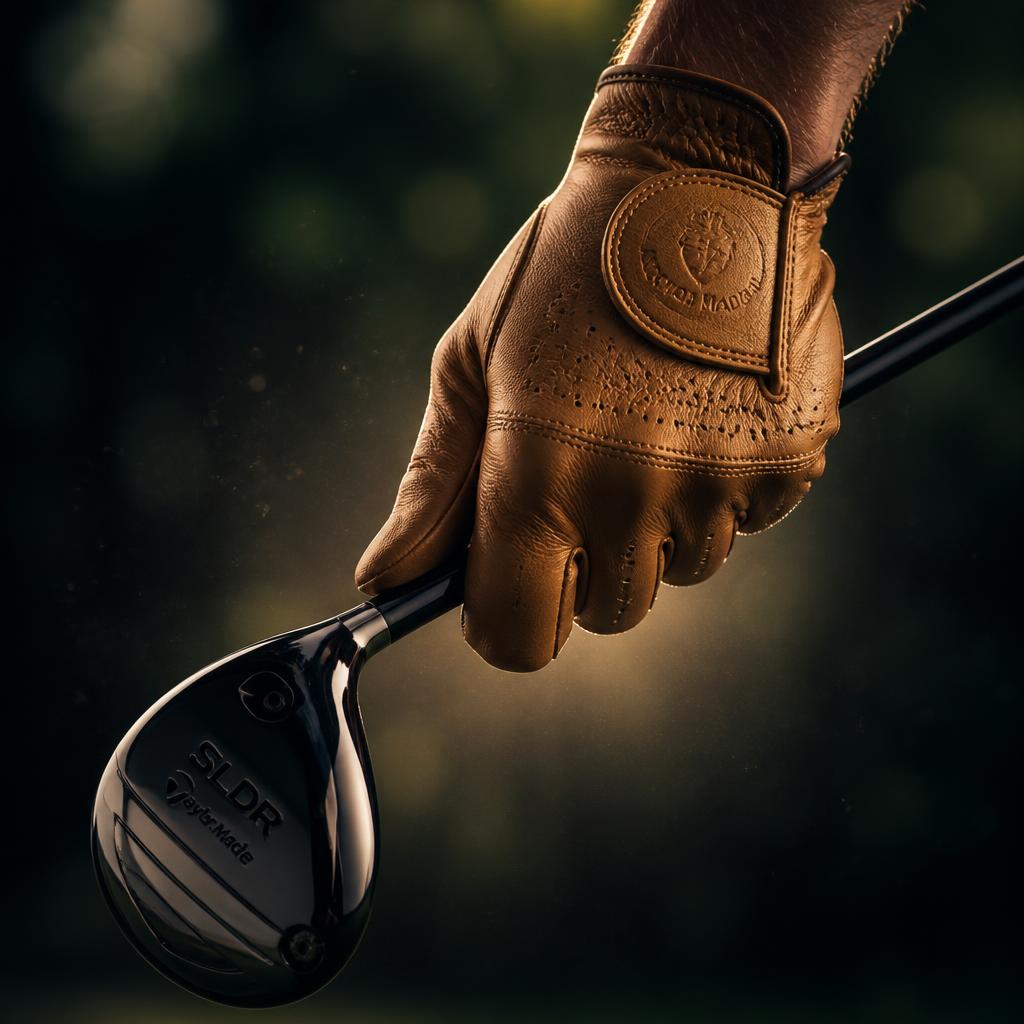 Trener golfa trzymający premium kij golfowy w skórzanej rękawicy